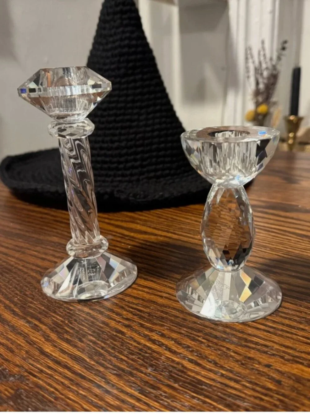 Crystal Cut Glass Taper Candlesticks Vintage Mismatched Set Of Two